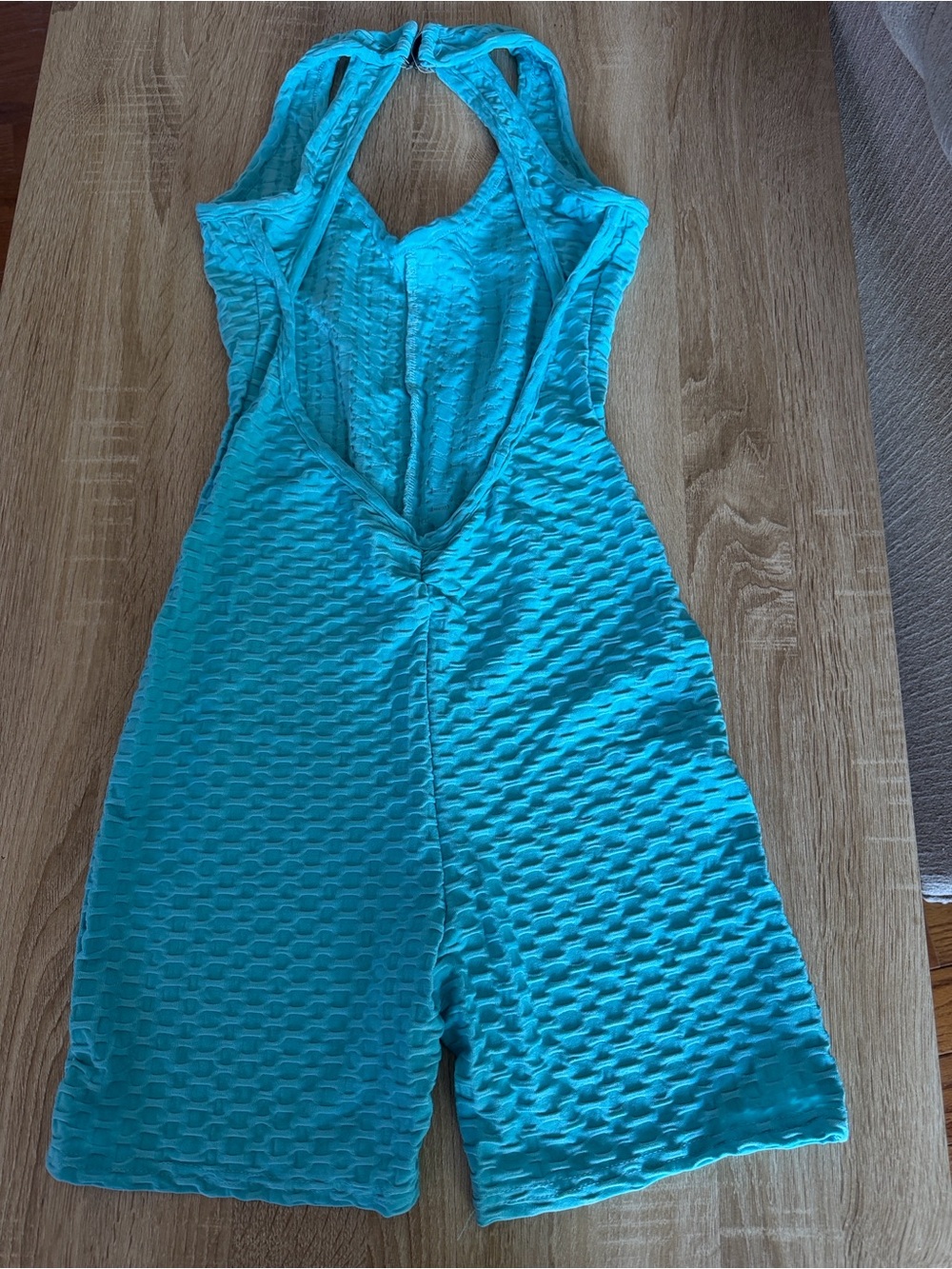 Textured Teal Halter Romper Jumpsuit